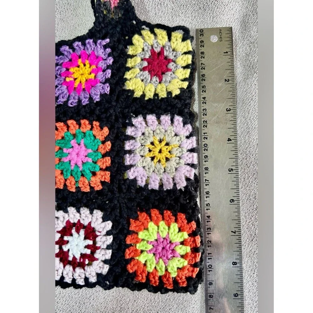 Handmade Crochet Granny Square Tote Bag Purse Bold Multicolor 70’s Hippie Boho